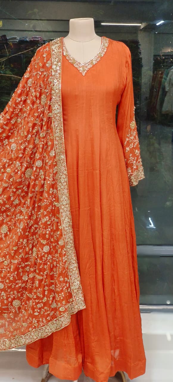 Flowy Chinon Fabric Anarkali Full Suit Set With Contrast Heavy Embellished Dupatta