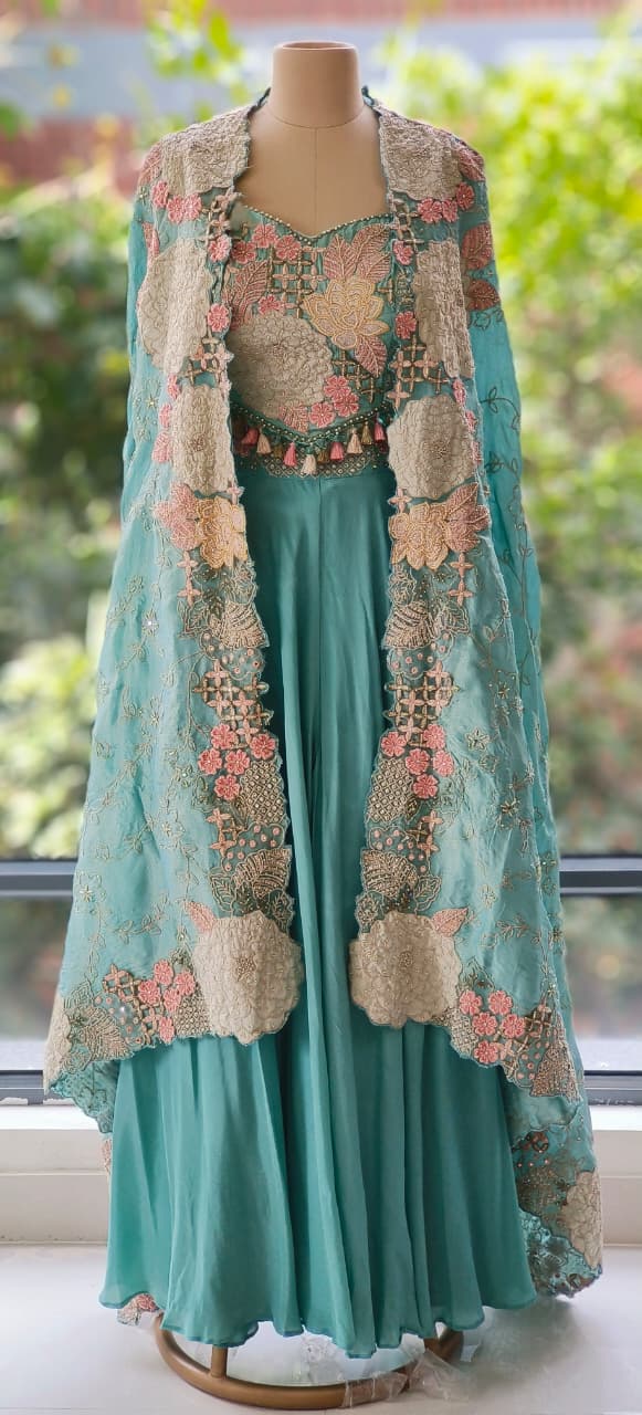 Elegant 3-Piece Party Wear Se Embellished Crop Top, Palazzo Bottom & Embroidered Shrug