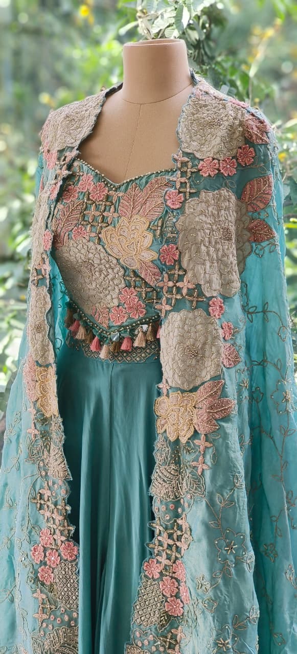 Elegant 3-Piece Party Wear Se Embellished Crop Top, Palazzo Bottom & Embroidered Shrug