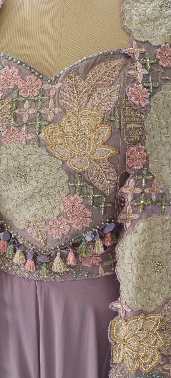 Elegant 3-Piece Party Wear Se Embellished Crop Top, Palazzo Bottom & Embroidered Shrug