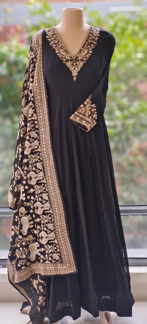 Party Wear Chinon Fabric Flowing Embroidered Neck Panel Anarkali with Intricate Thread & Sequin Work Dupatta