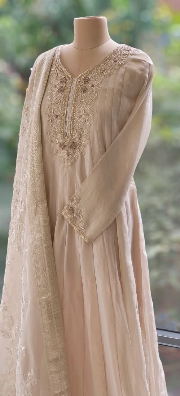 Designer Multi-Panel Anarkali Set Featuring Hand Embroidered Neckline and Dupatta In Tissue Fabric- 12310