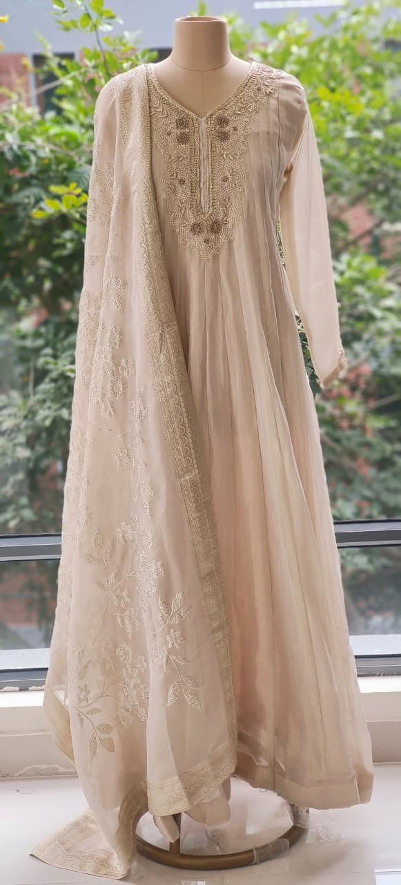 Designer Multi-Panel Anarkali Set Featuring Hand Embroidered Neckline and Dupatta In Tissue Fabric- 12310