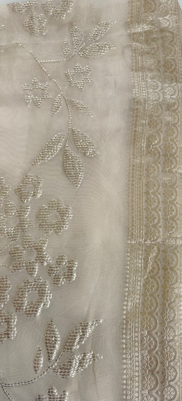 Designer Multi-Panel Anarkali Set Featuring Hand Embroidered Neckline and Dupatta In Tissue Fabric- 12310