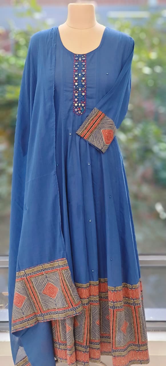 Premium Anarkali Style Mul Cotton Suit Elegant Blue Kurta with Intricate Mirror Handwork & Geometric Printed Hem with Dupatta-12328
