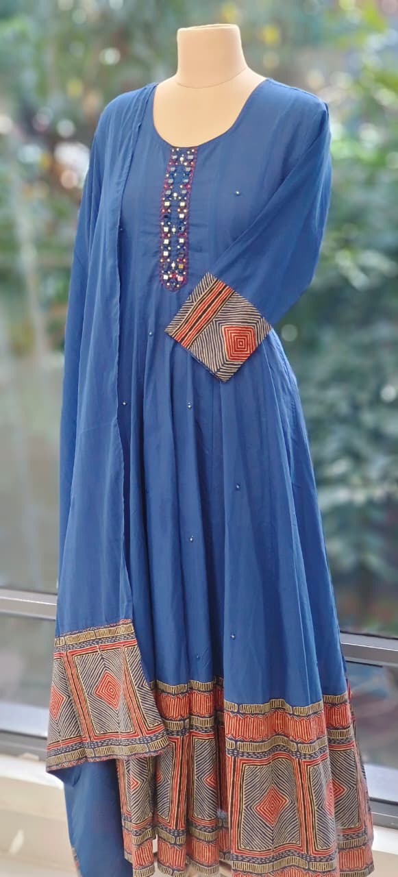 Premium Anarkali Style Mul Cotton Suit Elegant Blue Kurta with Intricate Mirror Handwork & Geometric Printed Hem with Dupatta-12328