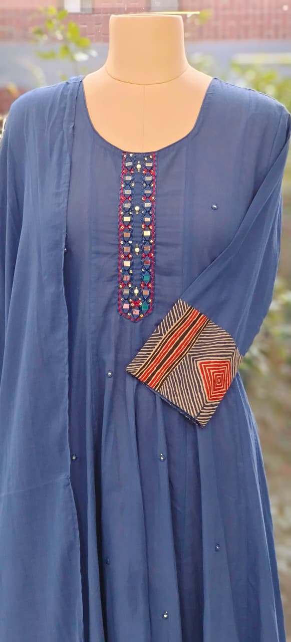 Premium Anarkali Style Mul Cotton Suit Elegant Blue Kurta with Intricate Mirror Handwork & Geometric Printed Hem with Dupatta-12328