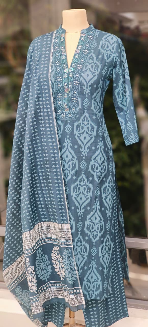 Printed Ajrakh Inspired Cotton Suit Set with Handblock Dupatta-12303,12302