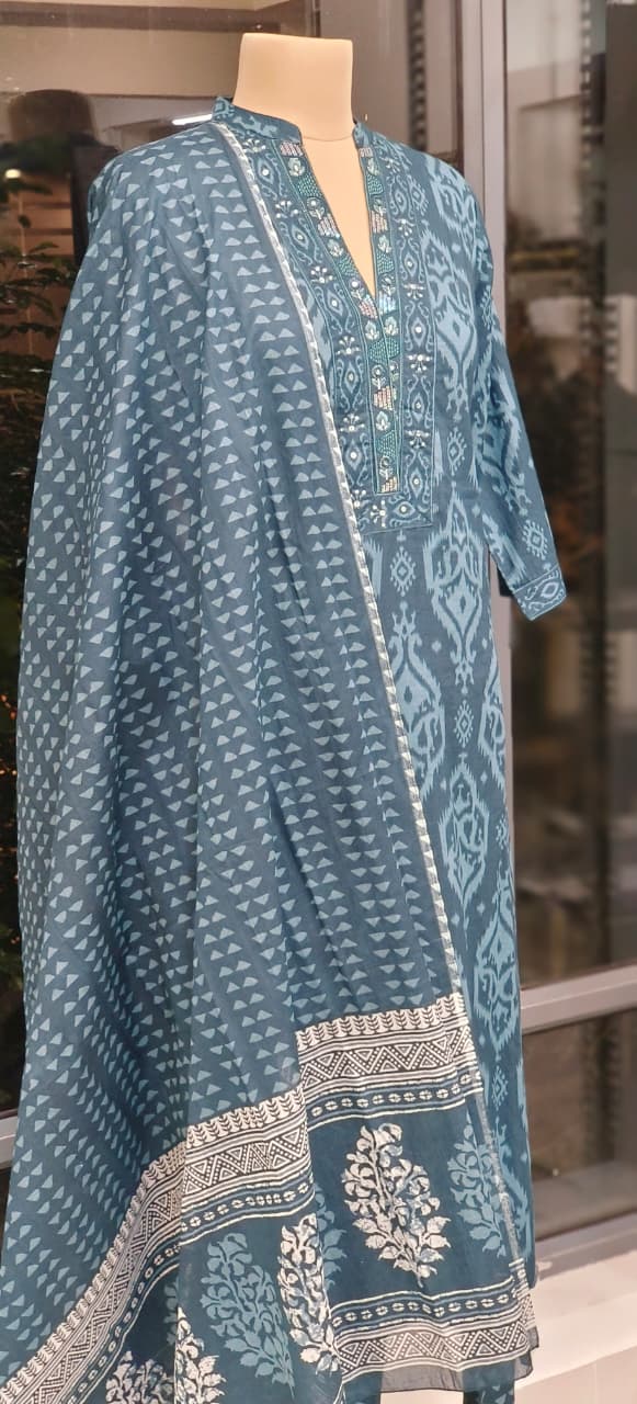 Printed Ajrakh Inspired Cotton Suit Set with Handblock Dupatta-12303,12302