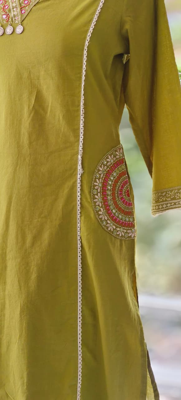 Solid Shade With Pocket Pure Cotton Full Suit Set with Foil Mirror Embroidery Work -12215-12213