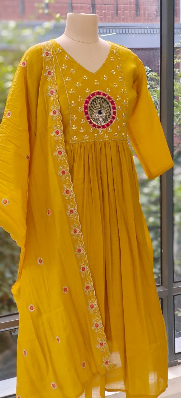 Aline Surat Mul Chanderi Beautiful Embroidered Yoke with Bottom and Dupatta-12340/12401