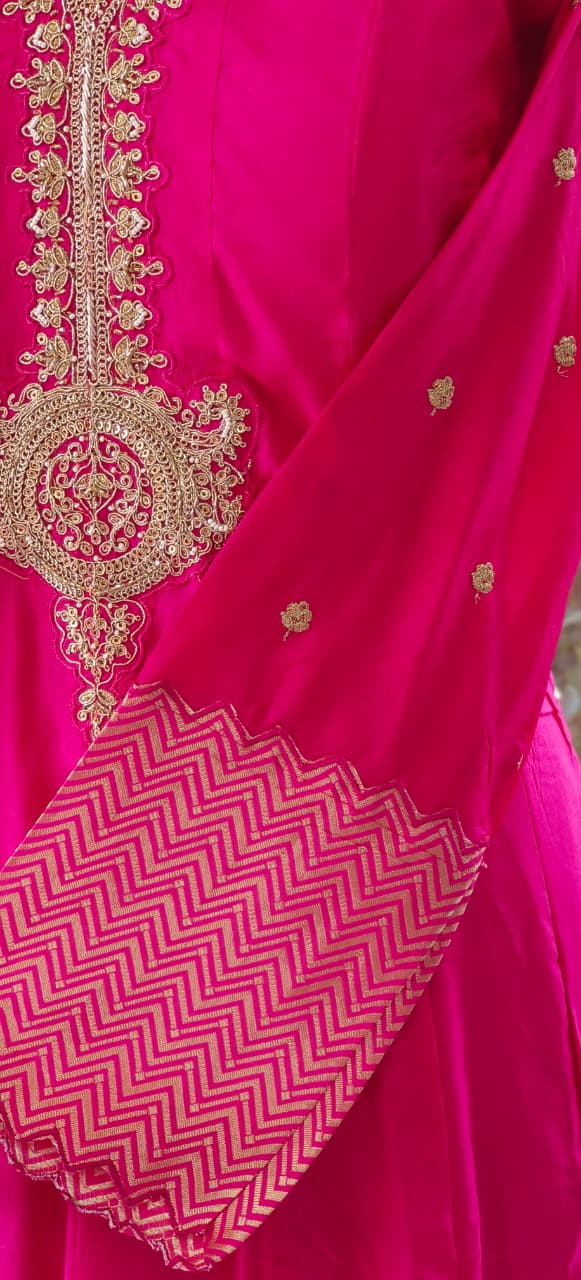 Premium Silk Anarkali Kurta Set Adorned with Detailed Golden Thread Embroidery and Coordinated Dupatta