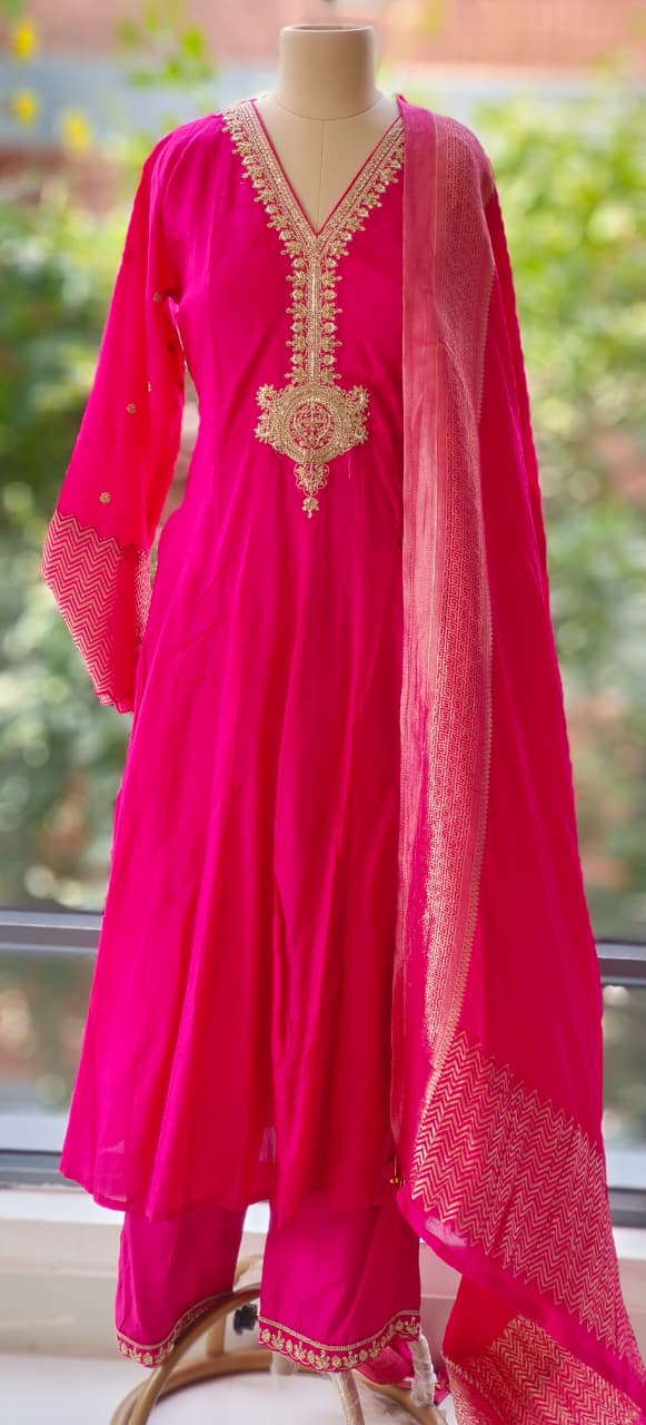 Premium Silk Anarkali Kurta Set Adorned with Detailed Golden Thread Embroidery and Coordinated Dupatta