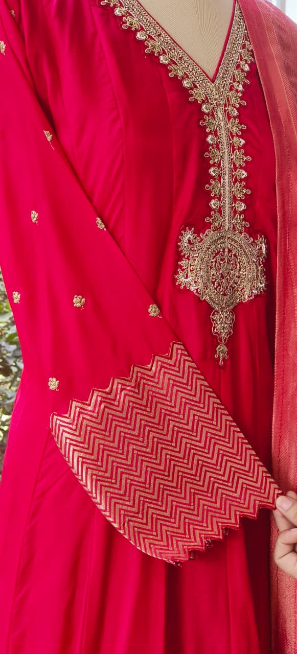 Premium Silk Anarkali Kurta Set Adorned with Detailed Golden Thread Embroidery and Coordinated Dupatta