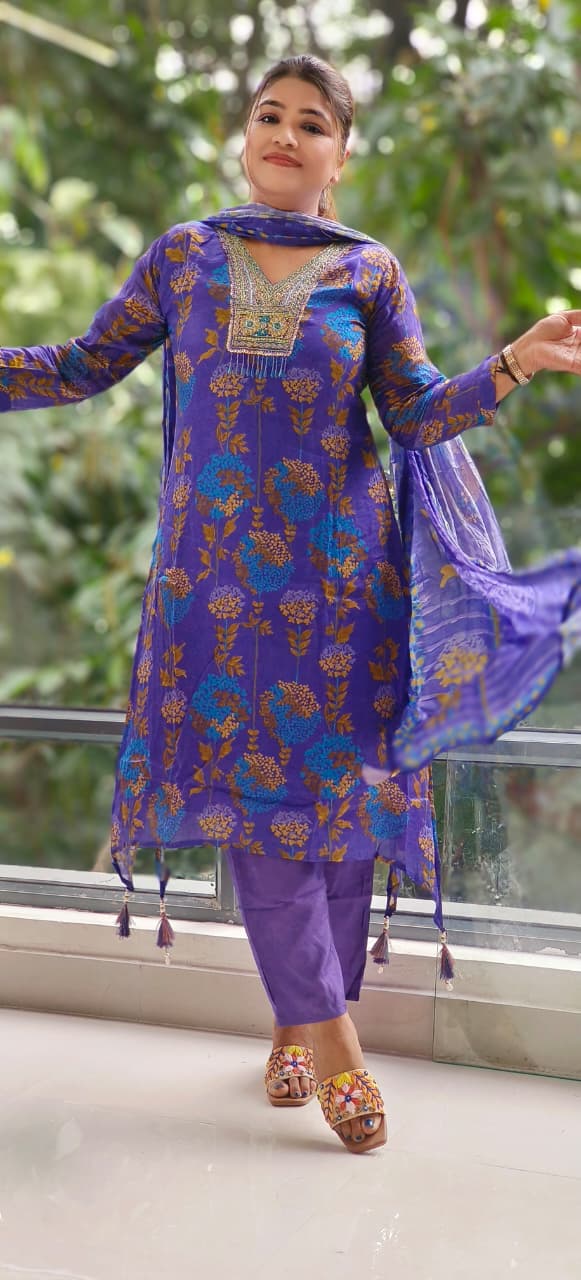 Elegant Chinon Fabric High Low Kurta with Embroidered Neckline and Work Detailing and Dupatta-12405