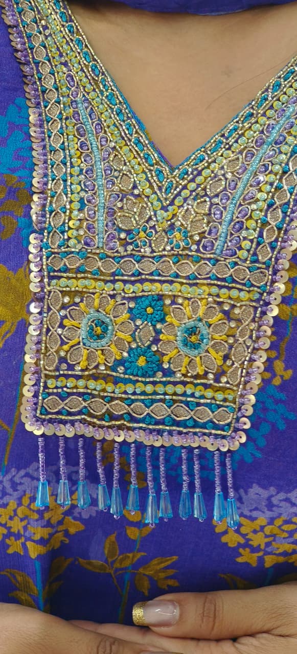 Elegant Chinon Fabric High Low Kurta with Embroidered Neckline and Work Detailing and Dupatta-12405