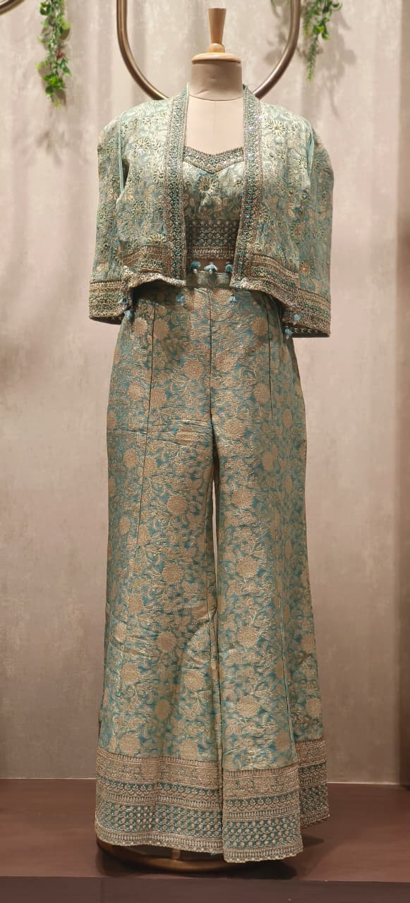 Very Elegant Embroidered Tasseled Cut-Jacket With Buster & Panel Palazzo Bottom- 12475