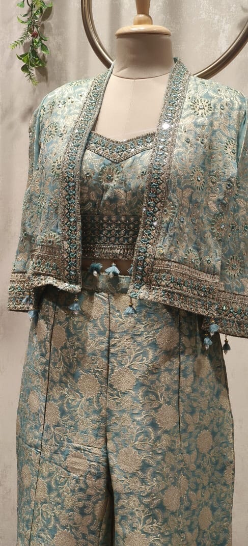 Very Elegant Embroidered Tasseled Cut-Jacket With Buster & Panel Palazzo Bottom- 12475