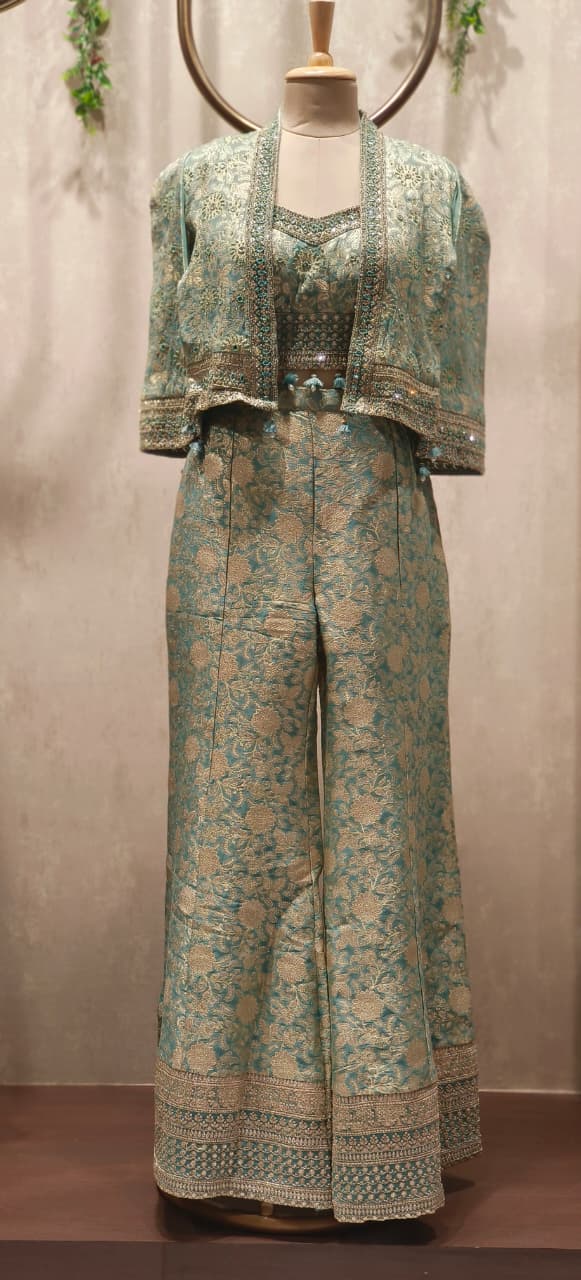 Very Elegant Embroidered Tasseled Cut-Jacket With Buster & Panel Palazzo Bottom- 12475