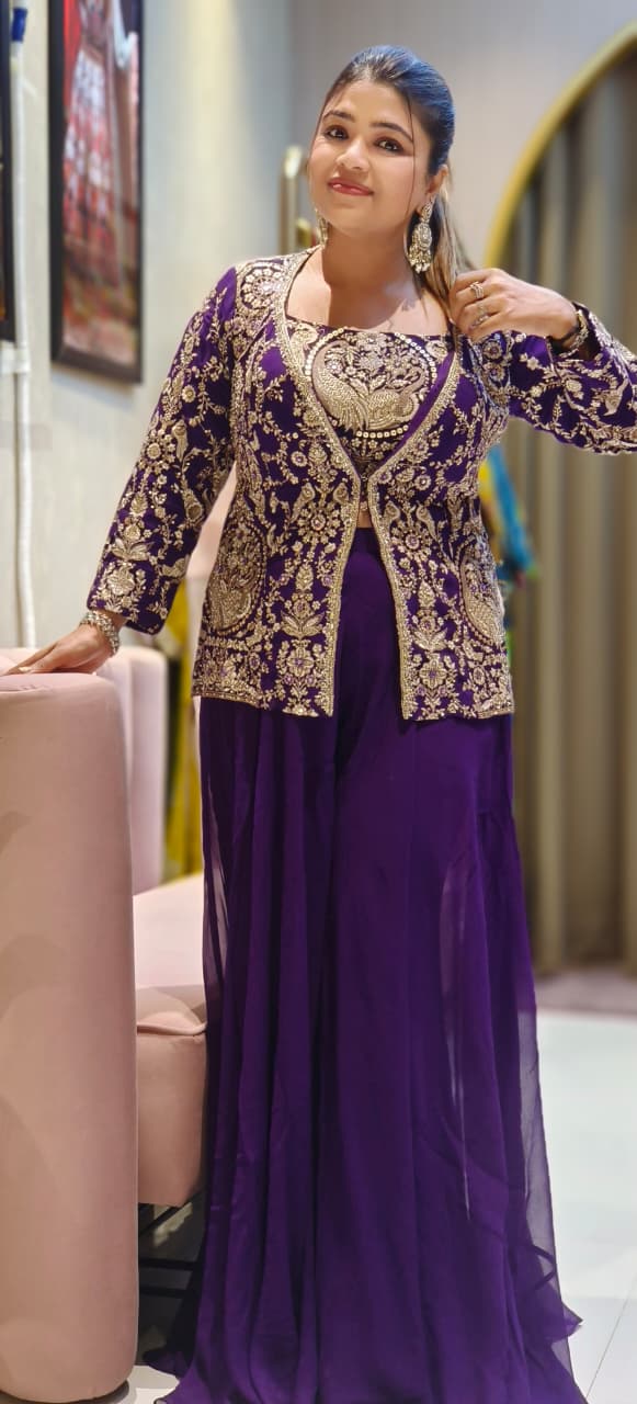 Heavily Worked Middle Length Jacket With Buster & Very Flared Loose Palazzo Bottom- 12471