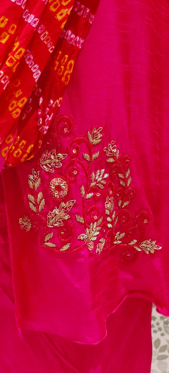 Front Layered Bandhej Print Collared Top With Plain Bottom- 12435