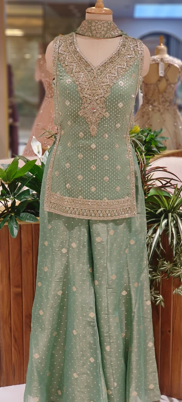 Heavily Crystal Beads Hand Embroidered Short Length Kurta With Loose Palazzo Bottom & Chowker Dupatta(Attached Sleeve)- 12469