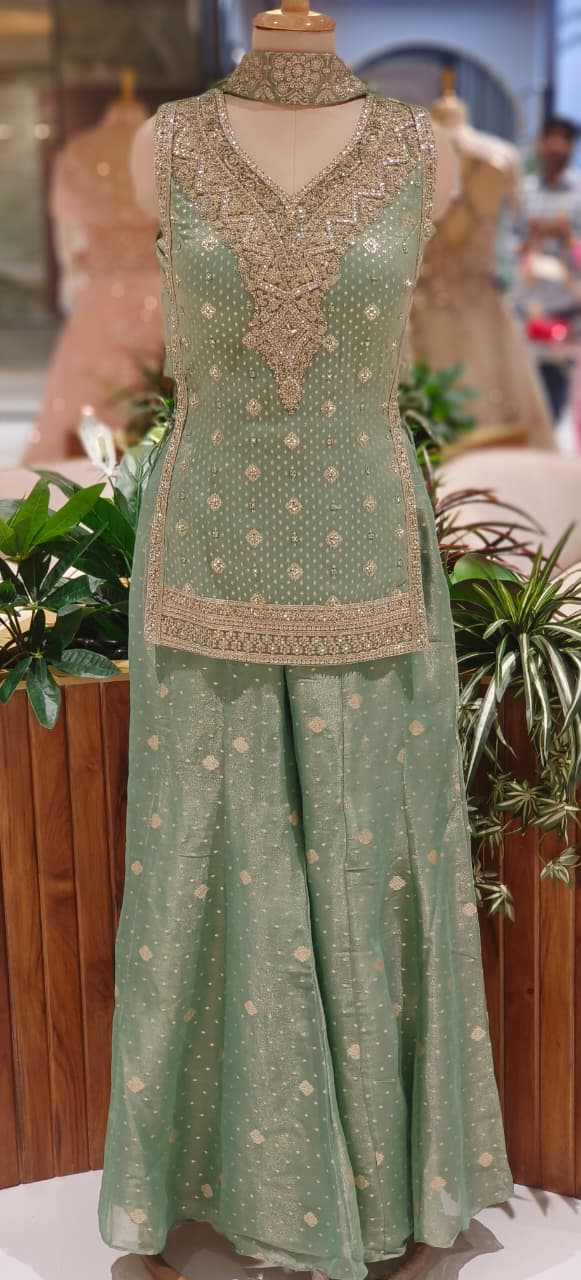 Heavily Crystal Beads Hand Embroidered Short Length Kurta With Loose Palazzo Bottom & Chowker Dupatta(Attached Sleeve)- 12469