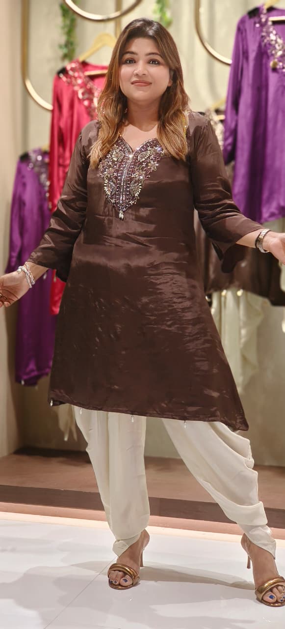 Front Neckline Tassel A-Line Kurta With Tulip Dhoti Pant In Crepe Fabric- 12530