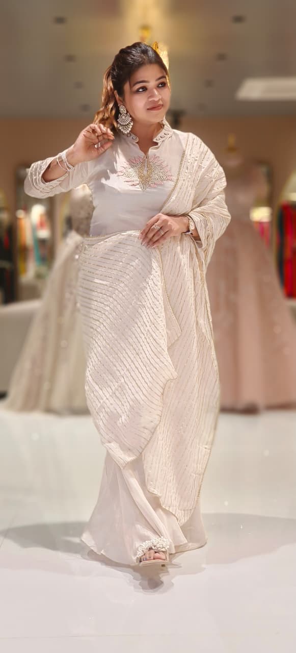 Minimal Thread Embroidered Full Suit Set With Golden Striped Dupatta & Loose Palazzo Bottom In Tissue Fabric- 12545