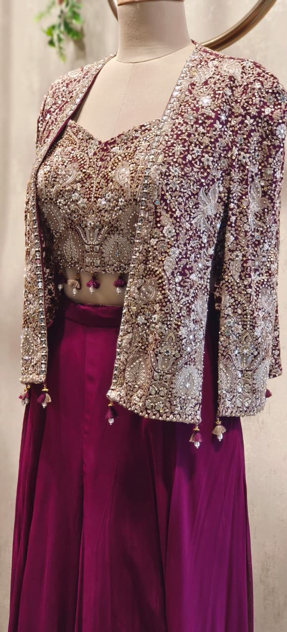 Hand Embroidered Open Jacket Crop Top With Loose Palazzo Bottom