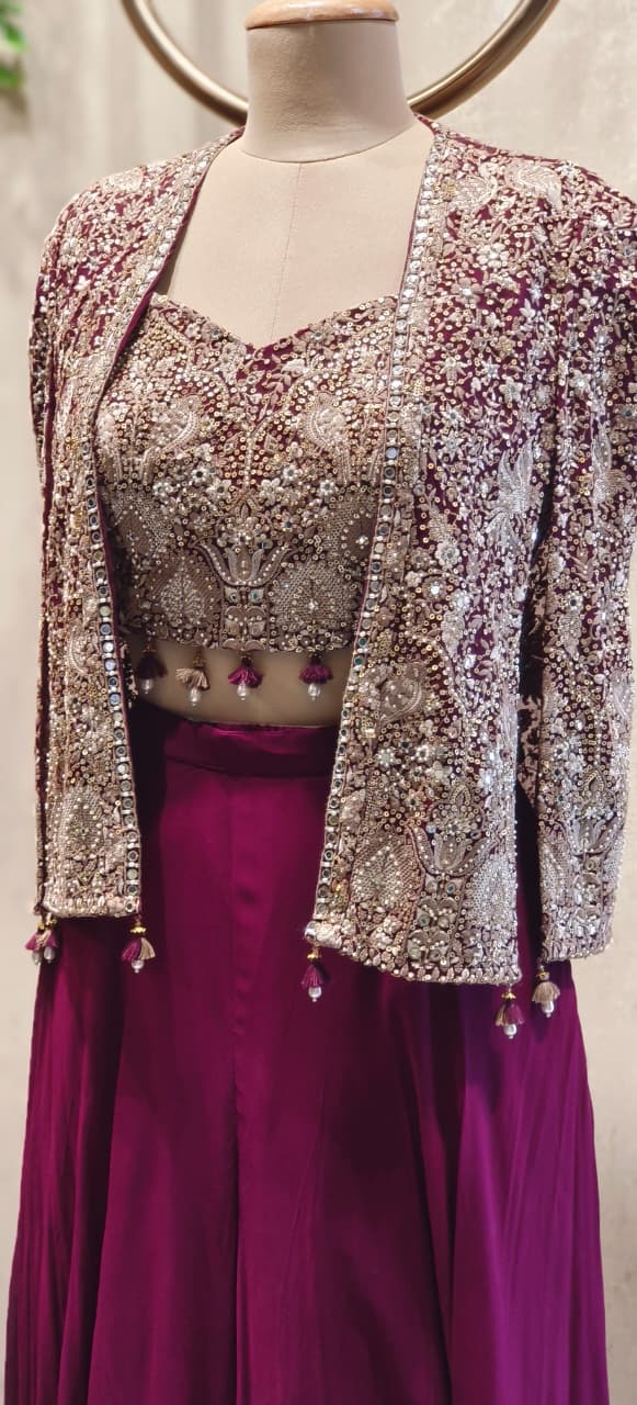 Hand Embroidered Open Jacket Crop Top With Loose Palazzo Bottom
