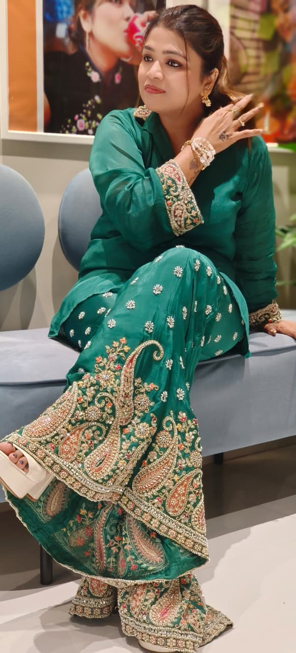 Solid Collared Top With Heavily Embroidered Panel Palazzo Bottom Chinon Co-Ord Set- 12509