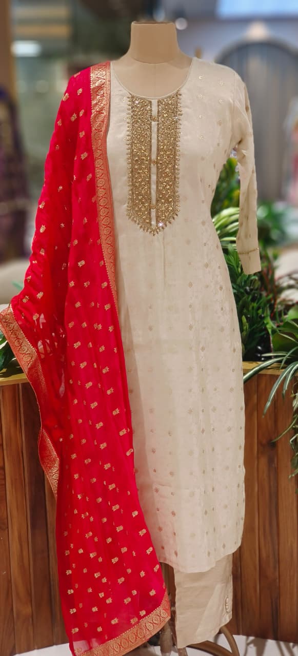 Tissue Brocade Touch Neck Line Full Suit Set With Vibrant Dupatta- 12407