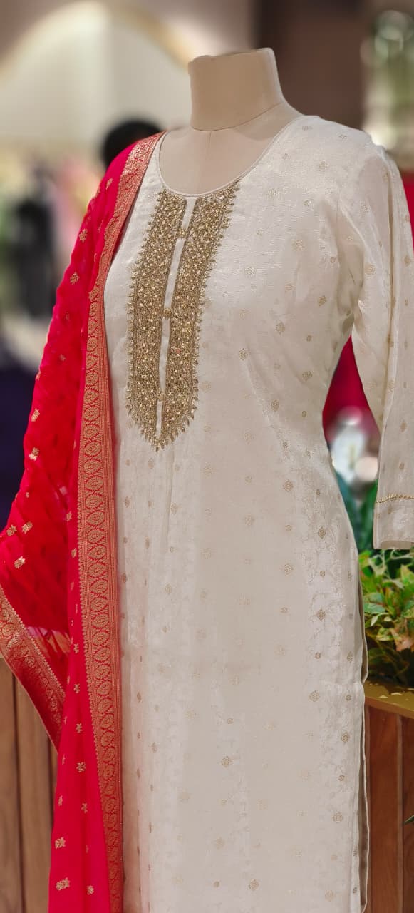Tissue Brocade Touch Neck Line Full Suit Set With Vibrant Dupatta- 12407