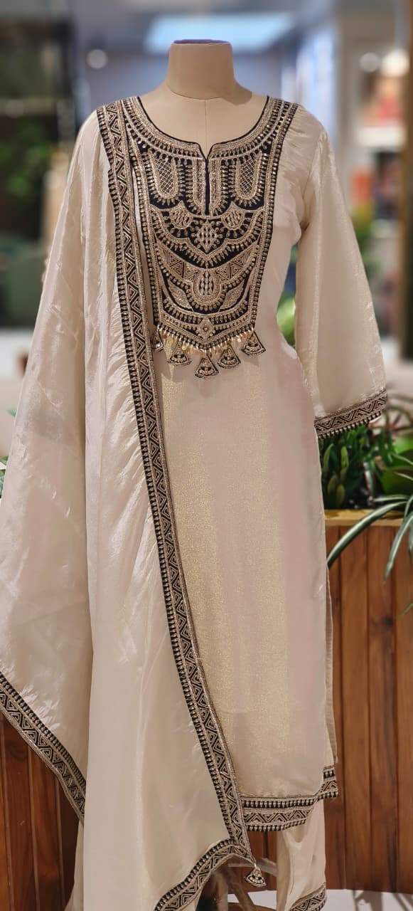 Royal Embroidered With Tassel Full Suit Set With Dupatta In Tissue Fabric- 12529