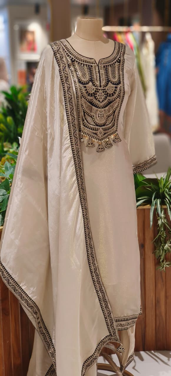 Royal Embroidered With Tassel Full Suit Set With Dupatta In Tissue Fabric- 12529