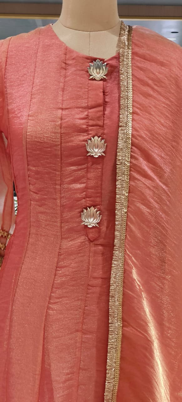 Tissue Panel Anarkali Full Suit Set With Beautiful Golden Borders & Broches