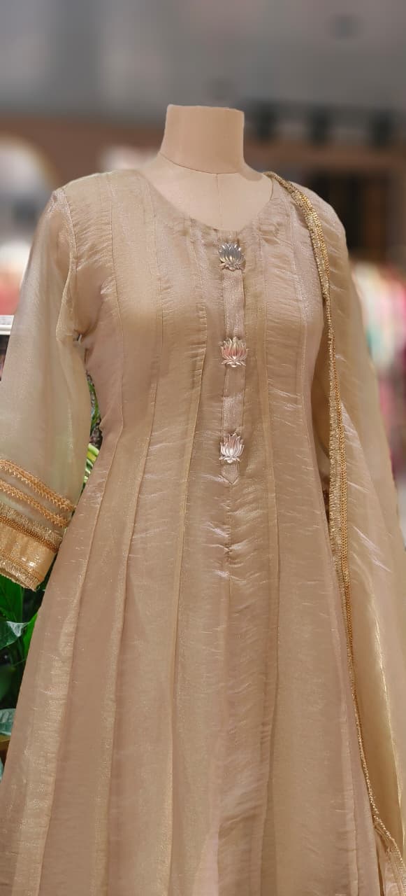 Tissue Panel Anarkali Full Suit Set With Beautiful Golden Borders & Broches