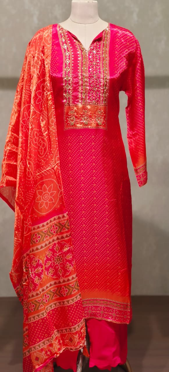 Bandani Print Organza Fabric Embroidered Neck Ombre Look Full suit set DRYWASH