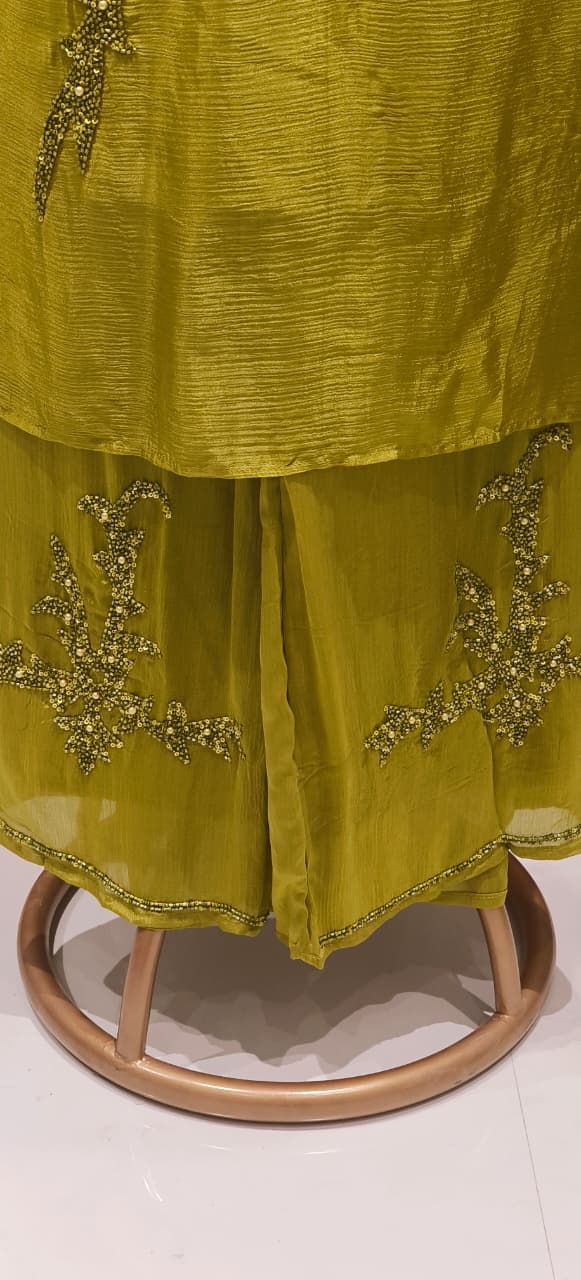 Designer Chinon Fabric Kurta–Palazzo Ensemble Adorned with Intricate Hand Embroidery & Beadwork With Dupatta DRY WASH