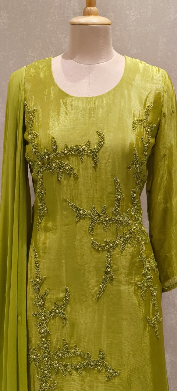 Designer Chinon Fabric Kurta–Palazzo Ensemble Adorned with Intricate Hand Embroidery & Beadwork With Dupatta DRY WASH