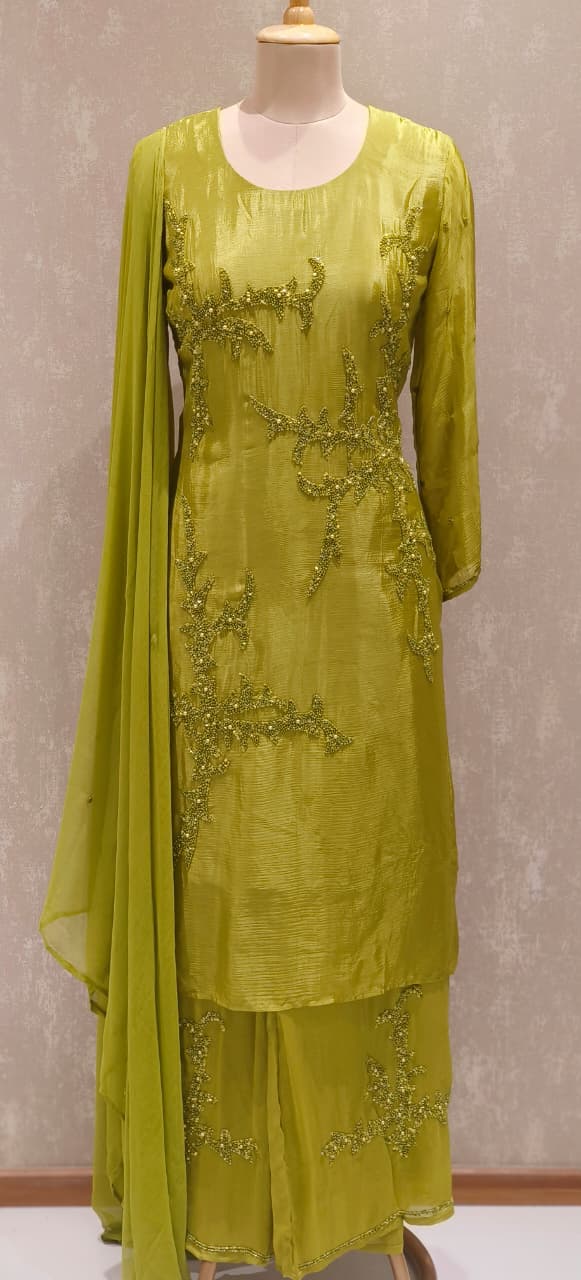 Designer Chinon Fabric Kurta–Palazzo Ensemble Adorned with Intricate Hand Embroidery & Beadwork With Dupatta DRY WASH