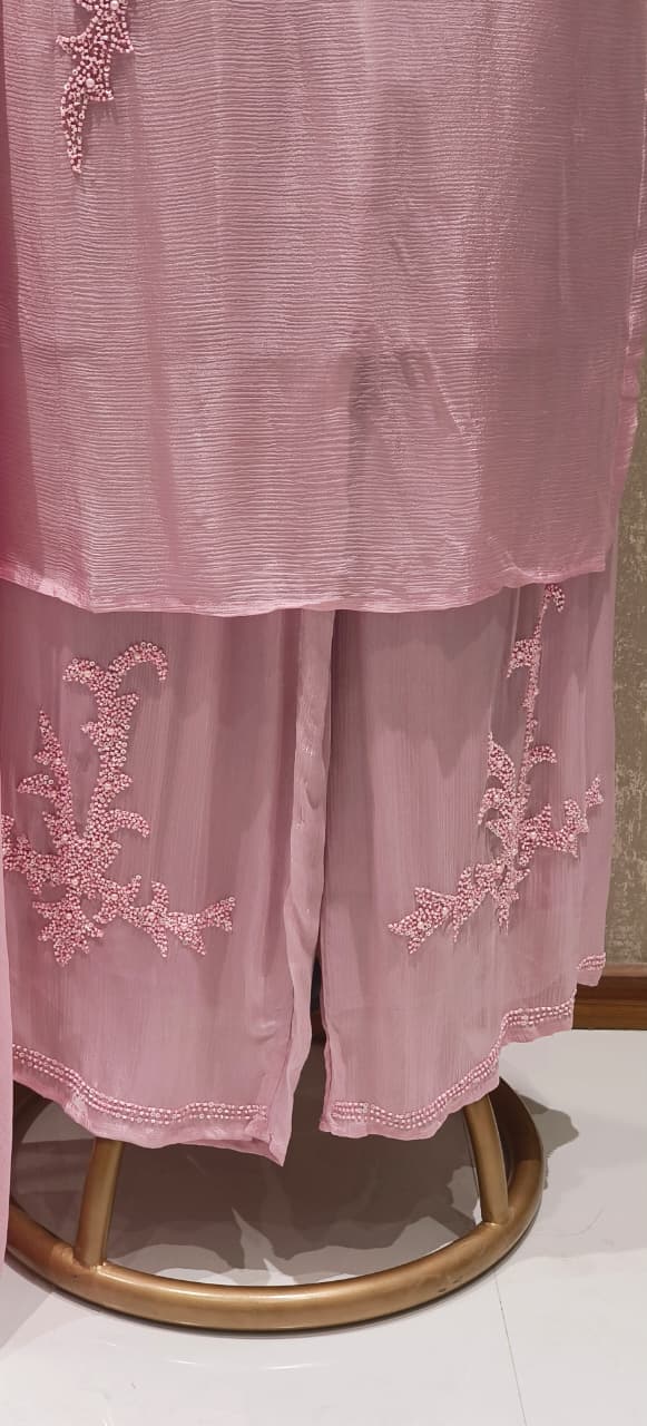 Designer Chinon Fabric Kurta–Palazzo Ensemble Adorned with Intricate Hand Embroidery & Beadwork With Dupatta DRY WASH