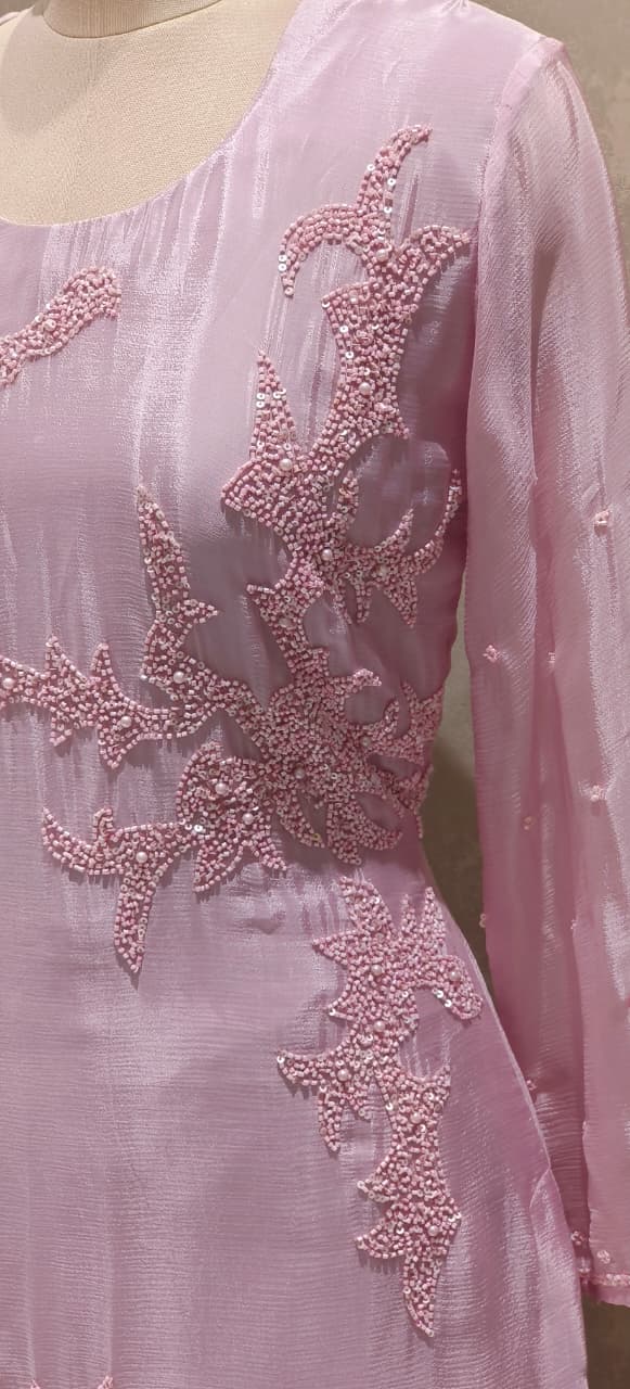 Designer Chinon Fabric Kurta–Palazzo Ensemble Adorned with Intricate Hand Embroidery & Beadwork With Dupatta DRY WASH