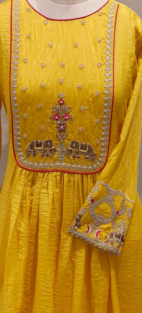 Surat Mul Chanderi Festival Collection Suit with Handcrafted Yoke Design, Rich Embellishments & Classic Dupatta
