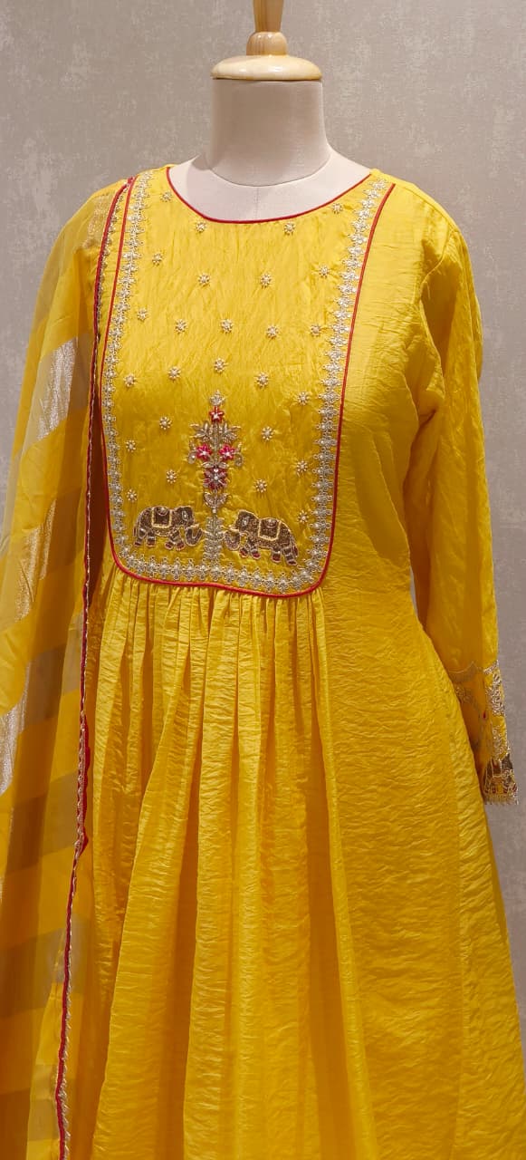 Surat Mul Chanderi Festival Collection Suit with Handcrafted Yoke Design, Rich Embellishments & Classic Dupatta