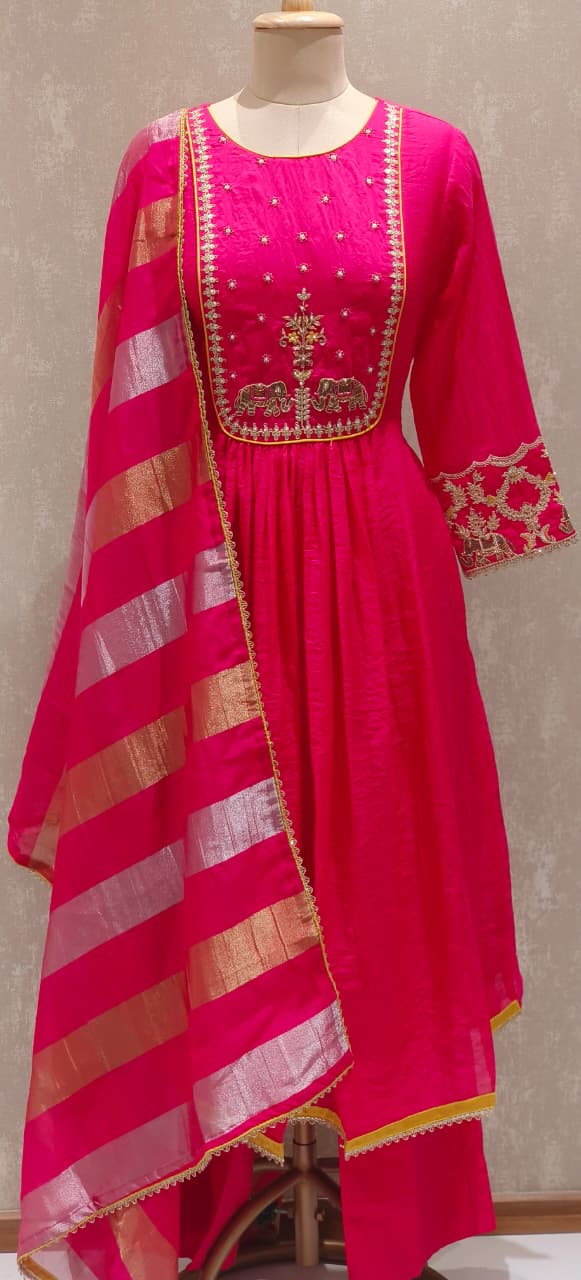 Surat Mul Chanderi Festival Collection Suit with Handcrafted Yoke Design, Rich Embellishments & Classic Dupatta