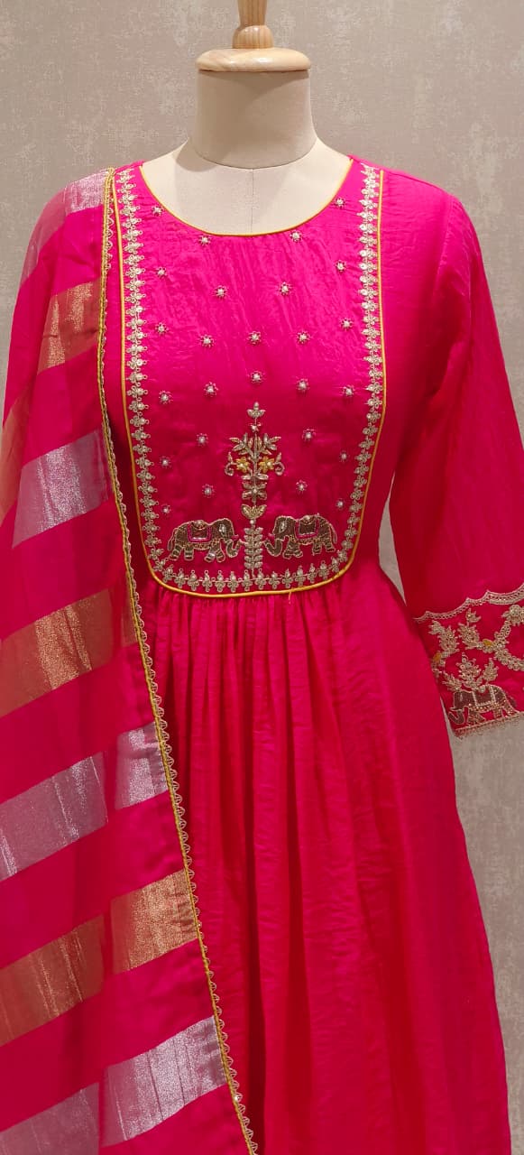 Surat Mul Chanderi Festival Collection Suit with Handcrafted Yoke Design, Rich Embellishments & Classic Dupatta