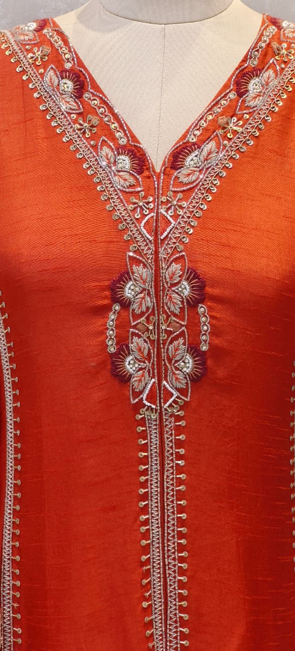 Designer Dola Silk A-Line Kurta–Palazzo Set With Front Slit Featuring Detailed Hand Embroidery and Dupatta DRYWASH-12583