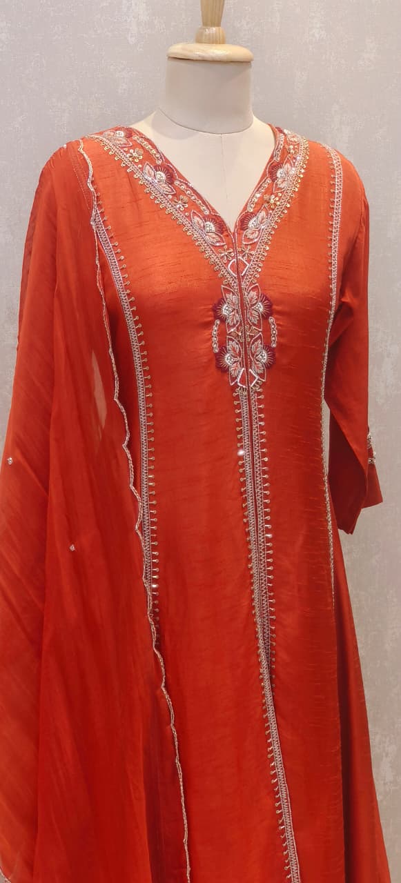 Designer Dola Silk A-Line Kurta–Palazzo Set With Front Slit Featuring Detailed Hand Embroidery and Dupatta DRYWASH-12583